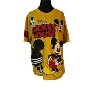Walt Disney World Men L/XL Mickey Mouse All Over Print Tee Shirt Yellow NWOT